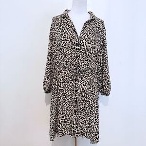 Asos Design Curve Leopard Print Long Sleeve Button Front Mini Dress Women’s 16